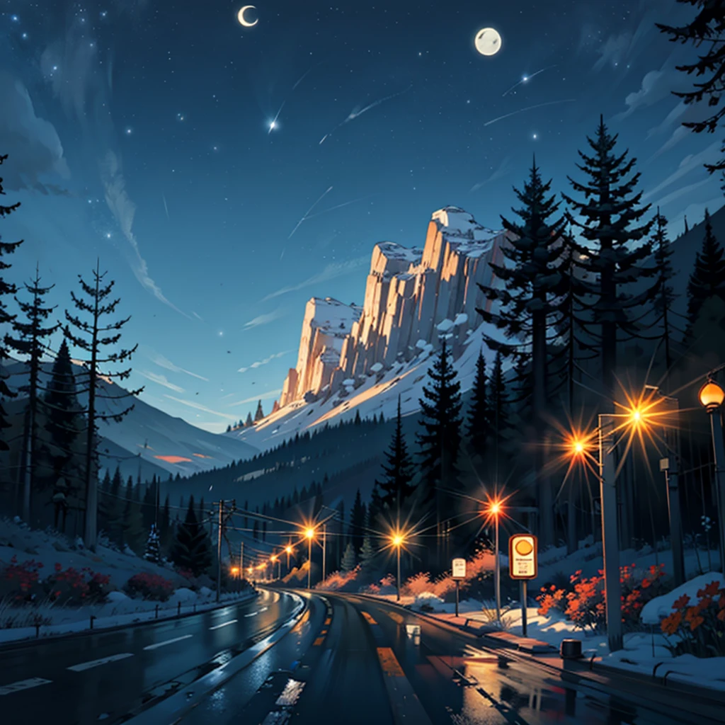 Road in the foreground Route 66 and mountains and trees in the background night moon in the background