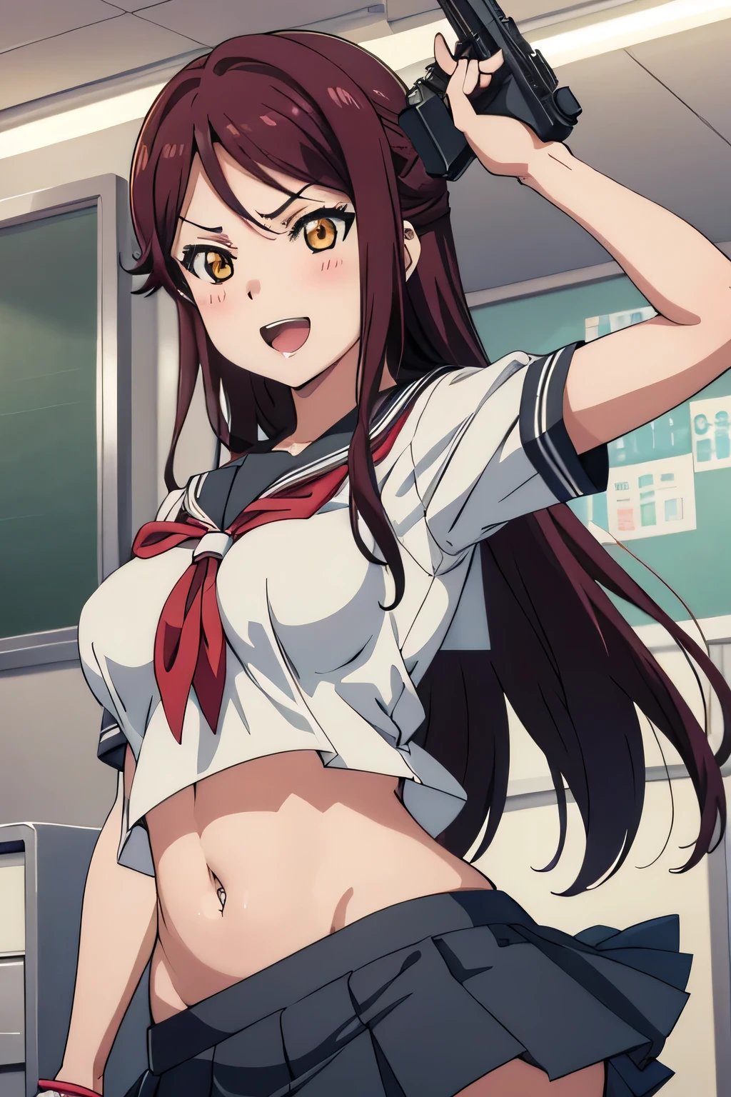 1girl, riko sakurauchi, blush, lipstick, large breast, Hot girl, baddie, staring, glaring, bad attitude, mean girl, dare, angry, hate, crazy, smoking, sensual, attractive, masterpiece, best quality, highly detailed, a anime girls in sailor uniforms with a gun posing for a picture,
evil smile, smile, open mouth,black_serafuku, ecchi anime style, anime girls , (nsfw) not safe for work,
ecchi style, ecchi, shipgirls, digital anime art!!, high school girls, holding a gun, hold a gun, anime style 4
k, micro skirt, exposed belly, exposed navel, exposed midriff,
exposed lower belly,school, classroom, navel piercing