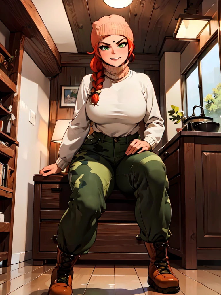 (best quality,4k,8k,highres,masterpiece:1.2),ultra-detailed,realistic:1.37,portrait, very sexy   girl lesbian ,beanie-balaclava, braided hair, beautiful green eye, seductive, warm sweater,  camouflage beanie-balaclava, camouflage pants, army boots, smirking, cozy lighting, vibrant colors. Futanari, lewd,    night, crotesc ,  