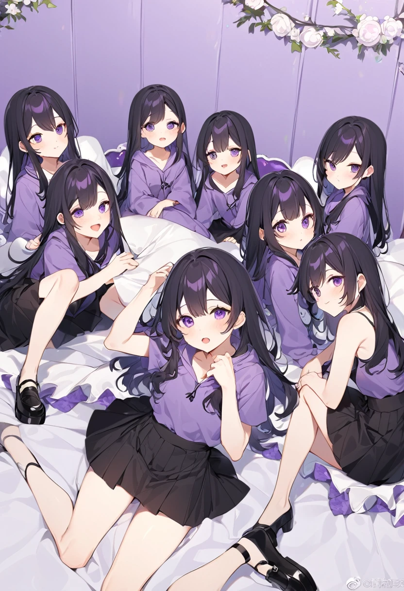 Keito。Purple pajamas。Purple Eyes。Black Hair。Six Barefoot Sistery eldest daughter has lavender hair.。all female。Sextuplets。Purple bed