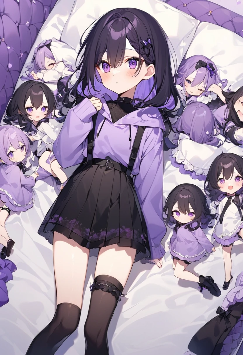 Keito。Purple hoodie。Black Skirt。Purple Eyes。Black Hair。Black shoes下。Black shoes。six sistery eldest daughter has lavender hair.。all female。Sextuplets。Purple bed