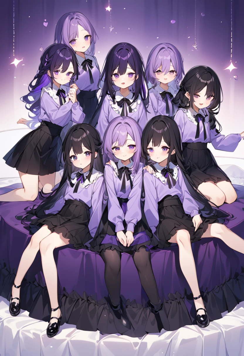 Keito。Purple hoodie。Black Skirt。Purple Eyes。Black Hair。Black shoes下。Black shoes。six sistery eldest daughter has lavender hair.。all female。Sextuplets。Purple bed