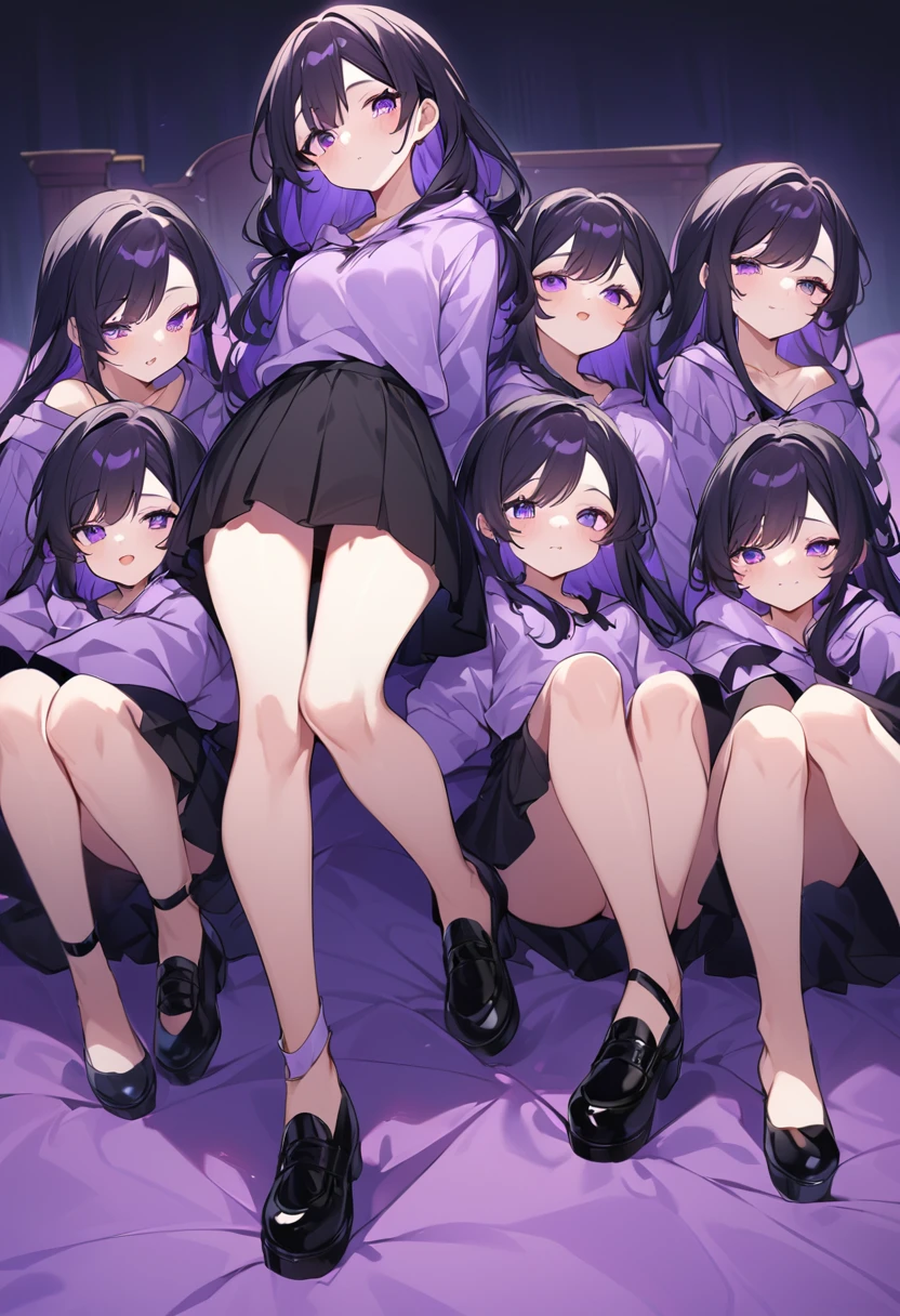 Keito。Purple hoodie。Black Skirt。Purple Eyes。Black Hair。Black shoes下。Black shoes。six sistery eldest daughter has lavender hair.。all female。Sextuplets。Purple bed