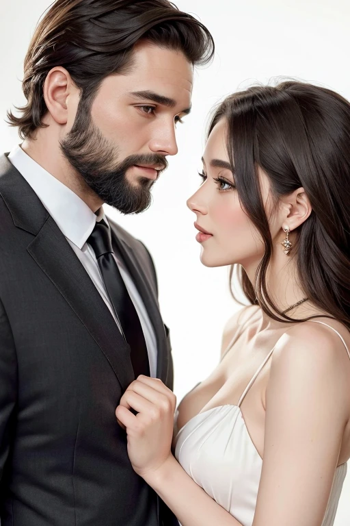 Couple looking at each other both beautiful she with brown hair and eyes angelic face rosy mouth and he looking 37 hair with a few gray hairs beard manly body wearing black suit real people and not like a drawing