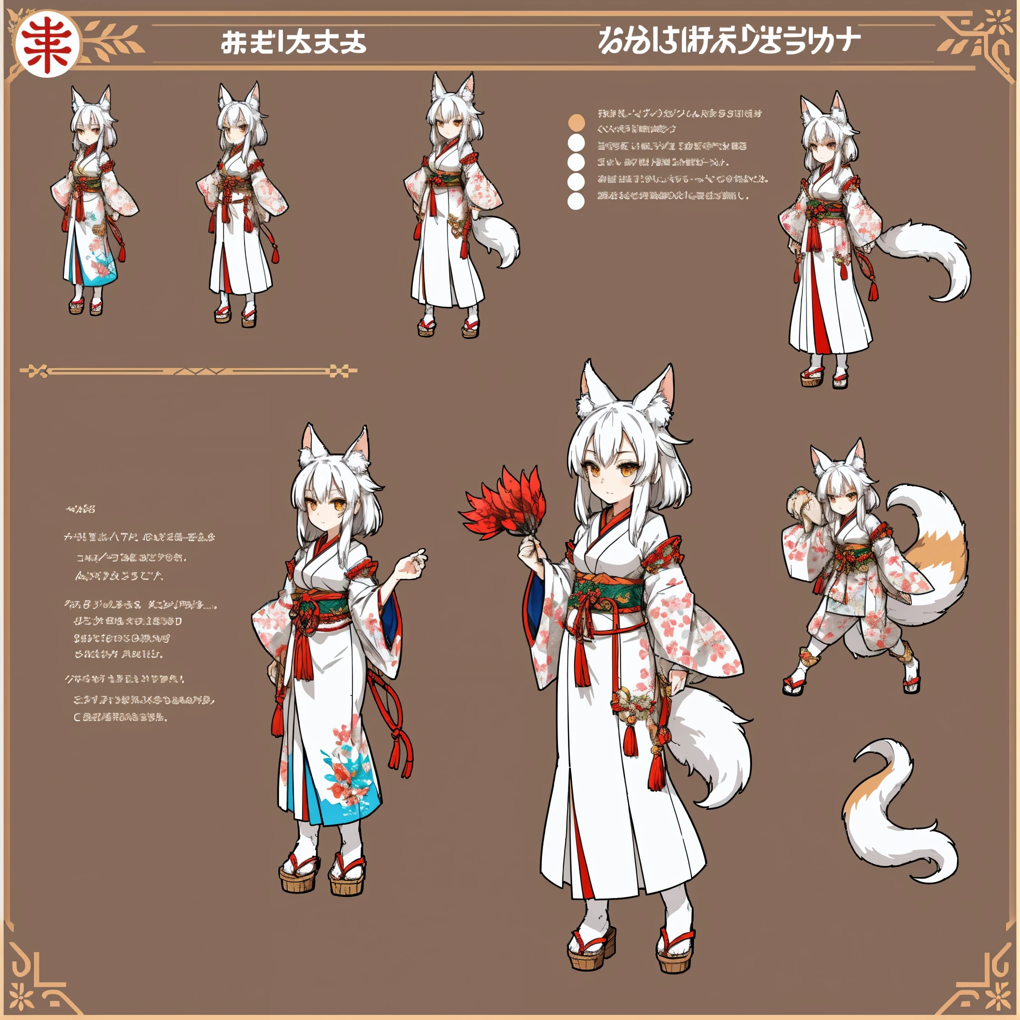Character Sheet, A graceful wild fox girl with mostly silver hair, Japanese Shrine Maiden Costume, variation, Highest quality, pixel