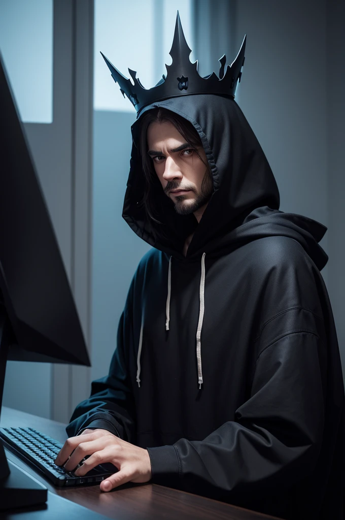naughty man, serious, tenebrosa, wearing hood, ombre, crown on head, Computer in hand