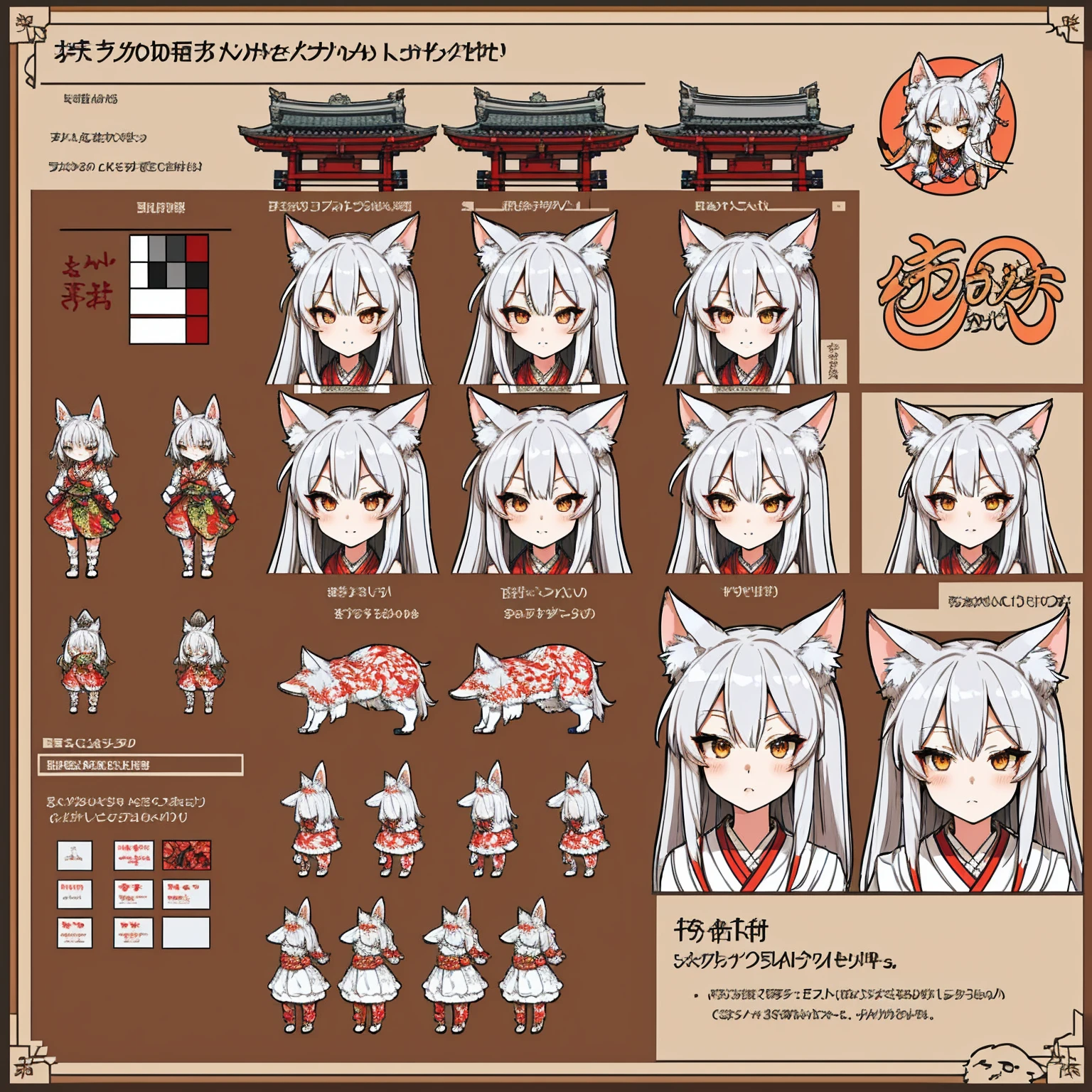 Character Sheet, A graceful wild fox girl with mostly silver hair, Japanese Shrine Maiden Costume, variation, Highest quality, pixel