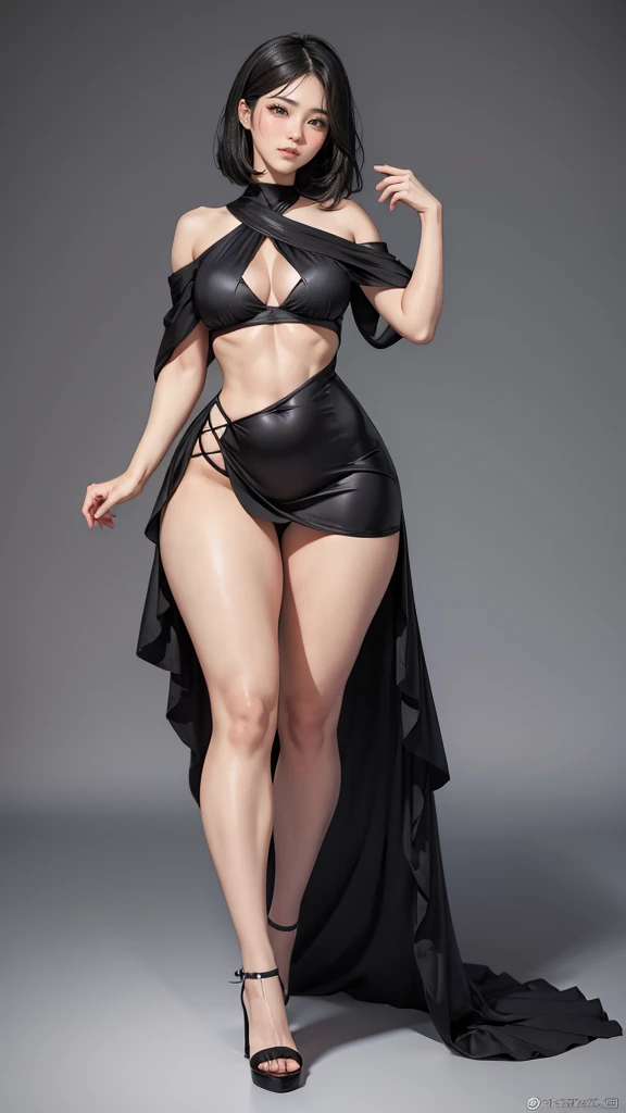 wide hips, attractive long legs, wedge heels,  beautiful eyes, Beautiful whole body, small breasts, short silk dress underwear, a tempting look, Abs, Plump body shape, black hair, red eyes, full body, Bewitching pose, thick calves, Slightly parted lips, Blank Eyes