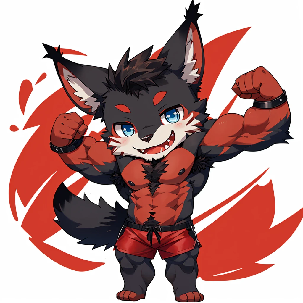 ((Furry lynx cat)), ((chibi)), chibi, chibi, chibi, body fully covered in black fur, ((fully covered in black fur)), ((black fur)), sharp fangs, sharp teeth, summer shorts outfit, cute, blue eyes, red chest hair, red eyebrows, red armpit hair, black nose, black tail, black tail with red tip, red whiskers, happy, smile, correct Anatomy, correct hand, ((white background)), (Acting happy), (hands up), enjoy, ((front view)), full body, sexy, (flexing), (muscle), black tail, black tail red tail tip, red eyebrows, red chest hair, red armpit hair, chibi, chibi, chibi