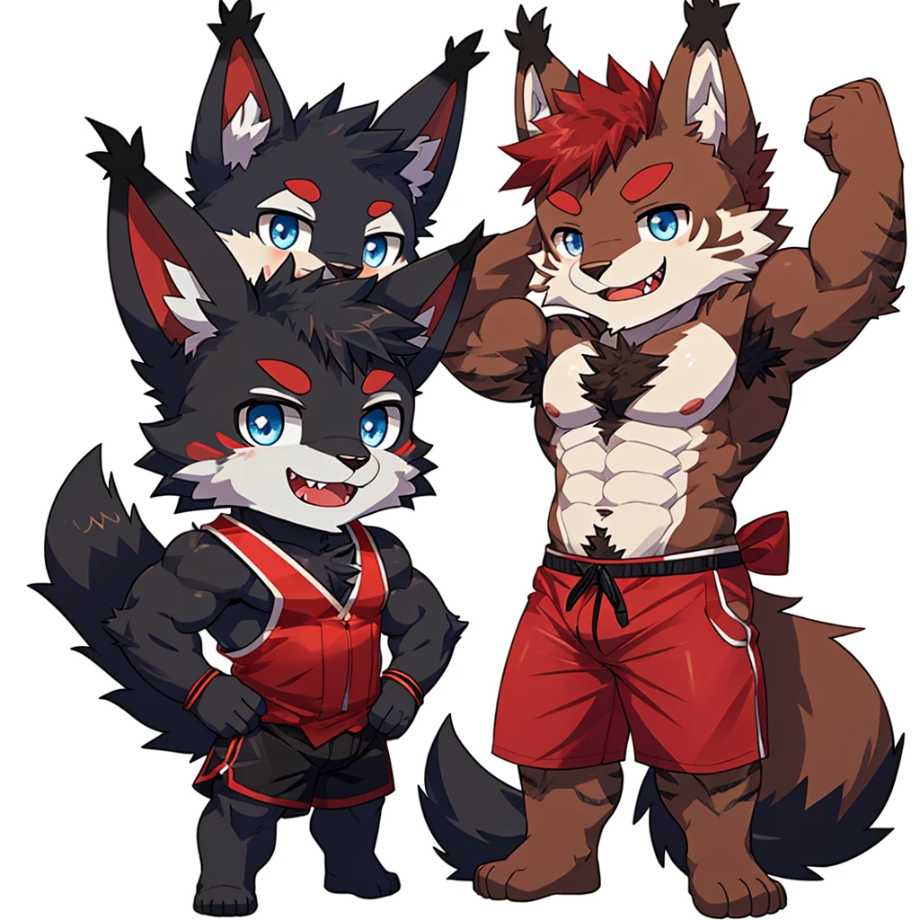 ((Furry lynx cat)), ((chibi)), chibi, chibi, chibi, body fully covered in black fur, ((fully covered in black fur)), ((black fur)), sharp fangs, sharp teeth, summer shorts outfit, cute, blue eyes, red chest hair, red eyebrows, red armpit hair, black nose, black tail, black tail with red tip, red whiskers, happy, smile, correct Anatomy, correct hand, ((white background)), (Acting happy), (hands up), enjoy, ((front view)), full body, sexy, (flexing), (muscle), black tail, black tail red tail tip, red eyebrows, red chest hair, red armpit hair, chibi, chibi, chibi