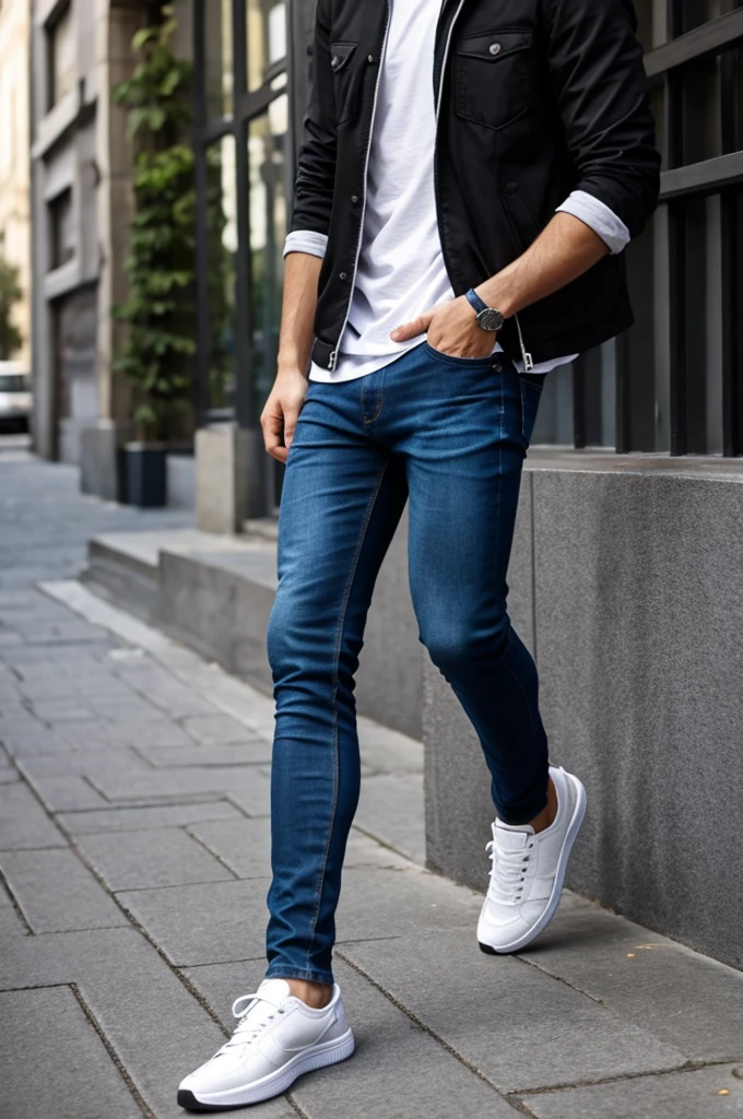 A young man wearing blue skinny jeans and black adi2000 sneakers