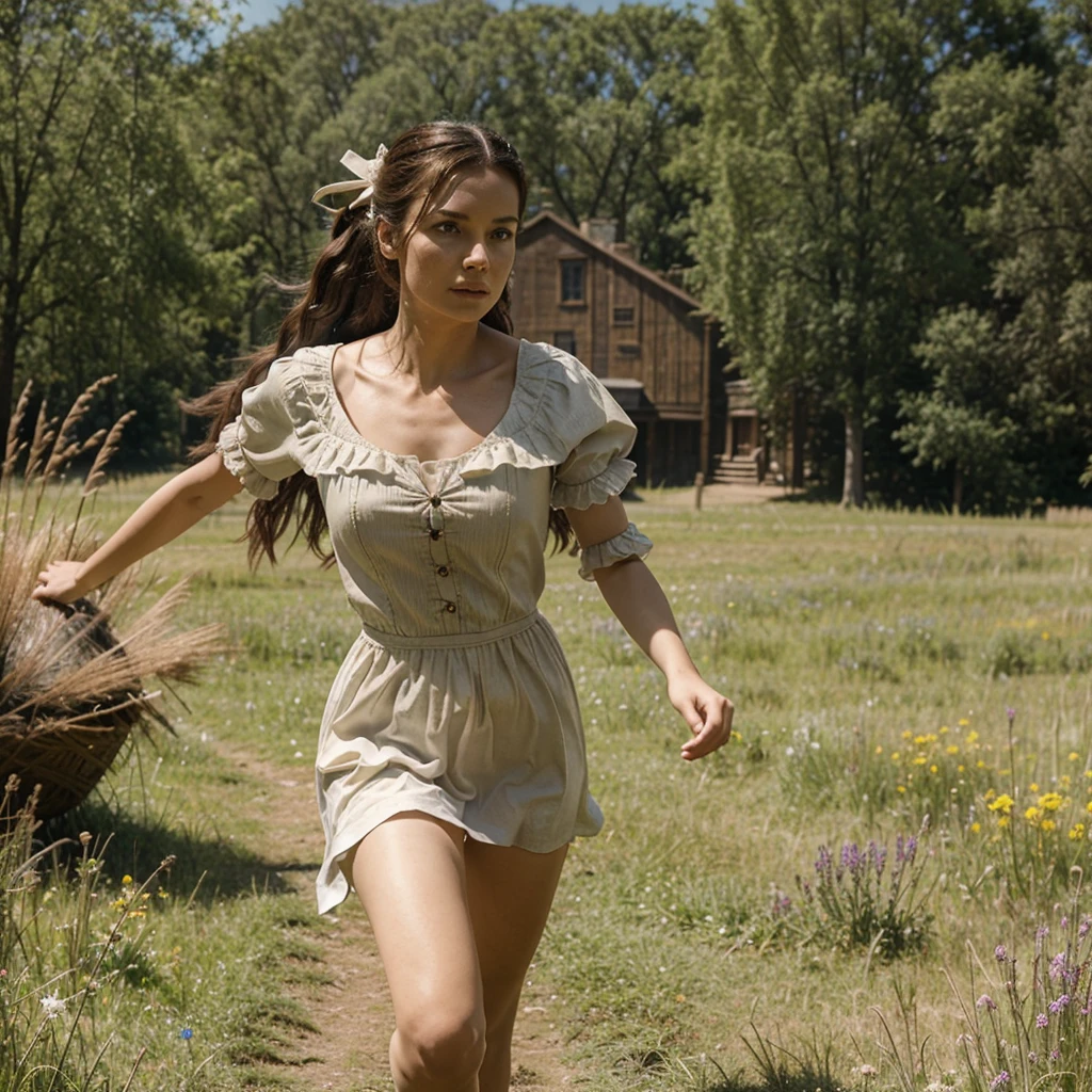 A beaitiful female model dressed as the daughter of a governor in a pirates movie running through a meadow.