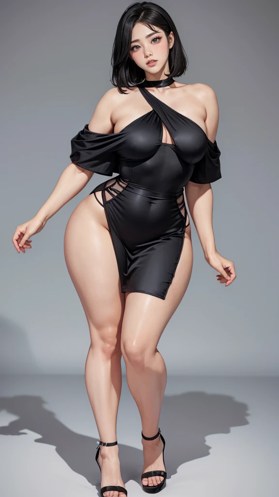 wide hips, attractive long legs, wedge heels,  beautiful eyes, Beautiful whole body, small breasts, short silk dress underwear, a tempting look, Abs, Plump body shape, black hair, red eyes, full body, Bewitching pose, thick calves, Slightly parted lips, Blank Eyes