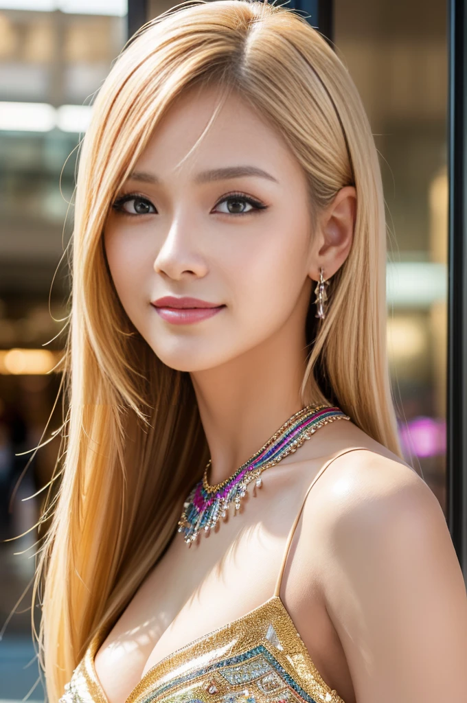 (masterpiece:1.4), (best quality:1.4), ultra high res, ultra high resolution, ((detailed facial features)), HDR, (realistic, photorealistic, photo-realistic:1.37), closeup, sexy seductive Thai woman, (seductive smile), long lashes, beautiful makeup, platinum blonde hair, fair skin, slender figure, elegant posture, wearing large sparkling colorful jewelery, wearing a business style leather dress, standing in a large shopping mall, gentle sunlight shining through the shopping mall windows, casting a soft glow on her face, adding warmth to the scene, vibrant colors, capturing the essence of vibrant city life, portrait style, showcasing her natural beauty and grace in a feminine way