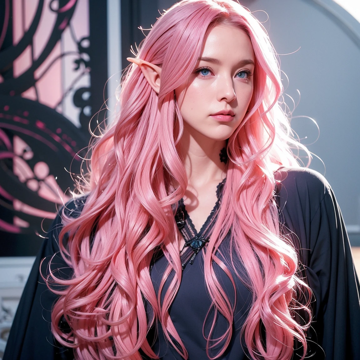 Woman, long wavy hair, pink hair, blue eyes, elf, black clothes, sexy, (body facing forward), (front)