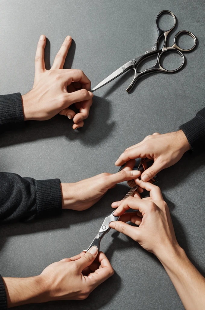 Hands of creation Adam, one holding a scissors and the other a comb
