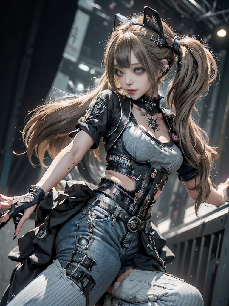 (Full Body View:1.4)、(squat:1.3)、(Side view:1.1)、(Smiling with teeth showing:1.3),(Shibuya Gal:1.5)、(Gothic Lolita style fashion:1.5)、(Punk RockVisual Kei:1.5)、(Wearing a rhythmic gymnastics bodysuit with intricate details:1.4)、(Racing suit and pants with intricate decorations in white, denim and charcoal:1.5)、(Denim and light blue and white boots:1.3)、((belt))、(Numerous delicate logo marks all over the costume:1.4)、(collar:1.3)、(Striped underwear:1.5)、30 years old、NSFW、((Highest quality、In 8K、masterpiece:1.3))、Sharp focus:1.2、(Layered Cut、Huge boobs:1.1),Beautiful woman with perfect figure:1.4、(Dancing vigorously:1.3)、Slender Abs:1.2、Highly detailed face and skin texture、Detailed eyes、double eyelid,(Twin tails:1.3)、(Brown-golden hair:1.3)、Gravure idol、(The background is the stage of the fashion show:1.3)、(Slim Body:1.3),(Make your legs thinner:1.4),（clavicle:1.1）、(Thin and slim thighs:1.3)