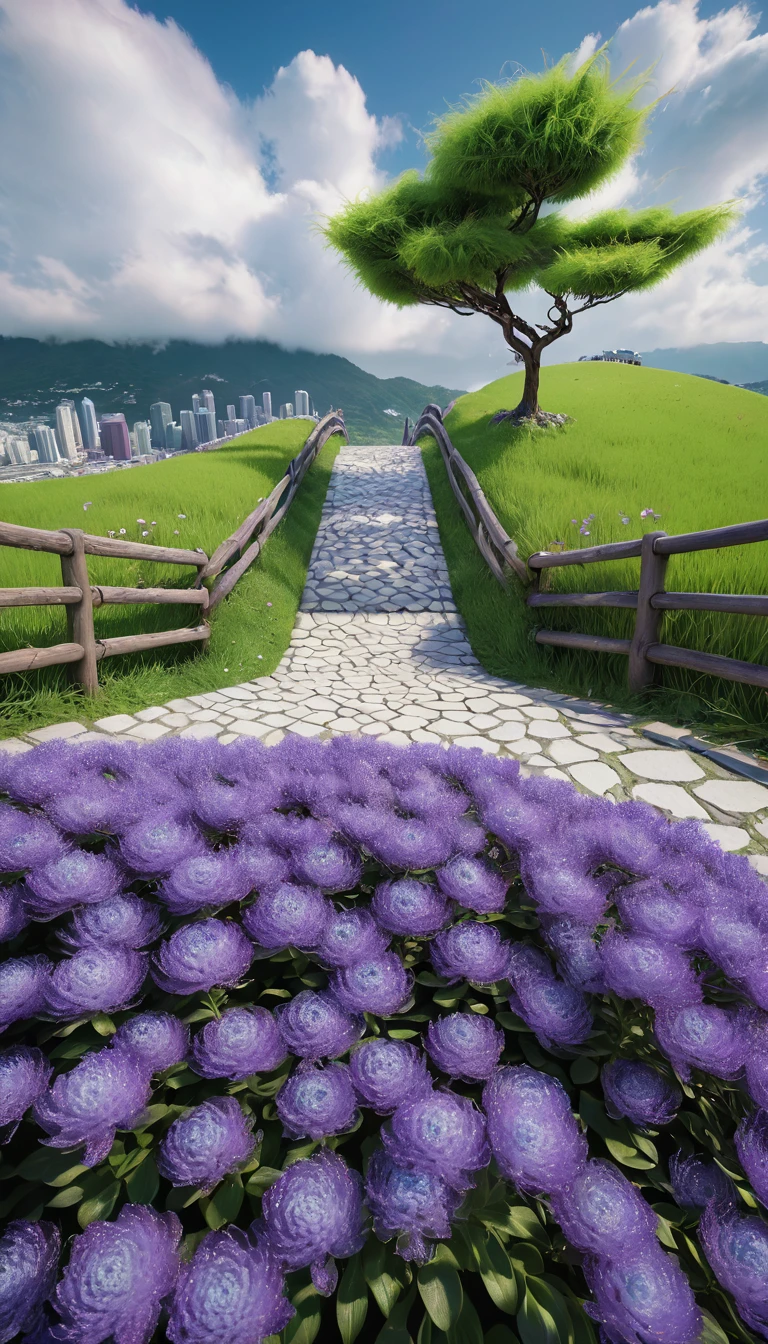 (Ultra-high resolution,Reality,best quality,photo般真实),(8K,RAW photo,best quality,masterpiece),(Photon Mapping,Radiosity,Physically Based Rendering,Automatic white balance),Real People,photo,bridge, architecture, bushing, City, cloud, sky, Door, Fence, site,Hour, flower园, Grass, house, 绣球flower, Mountain, nature, No_Humanity, outDoors, 小road, plant, Potted plants_plant, purple_flower, road, landscape, sky空, sky空scraper, traditional_media, Tree,
