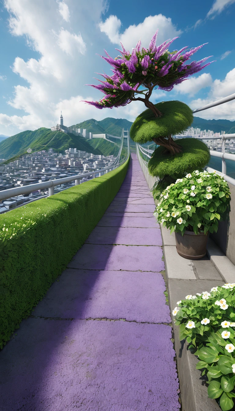 (Ultra-high resolution,Reality,best quality,photo般真实),(8K,RAW photo,best quality,masterpiece),(Photon Mapping,Radiosity,Physically Based Rendering,Automatic white balance),Real People,photo,bridge, architecture, bushing, City, cloud, sky, Door, Fence, site,Hour, flower园, Grass, house, 绣球flower, Mountain, nature, No_Humanity, outDoors, 小road, plant, Potted plants_plant, purple_flower, road, landscape, sky空, sky空scraper, traditional_media, Tree,