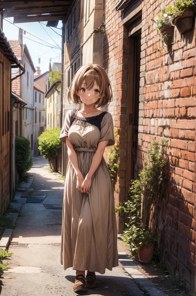 1girl, (anime coloring:1.2), anime scene, happy smile,short hair, chestnut hair, (Light brown color Short sleeve Maxi dress:1.3), Simple shoes, standing, (Medieval town),Dirt Road, Old town atmosphere,