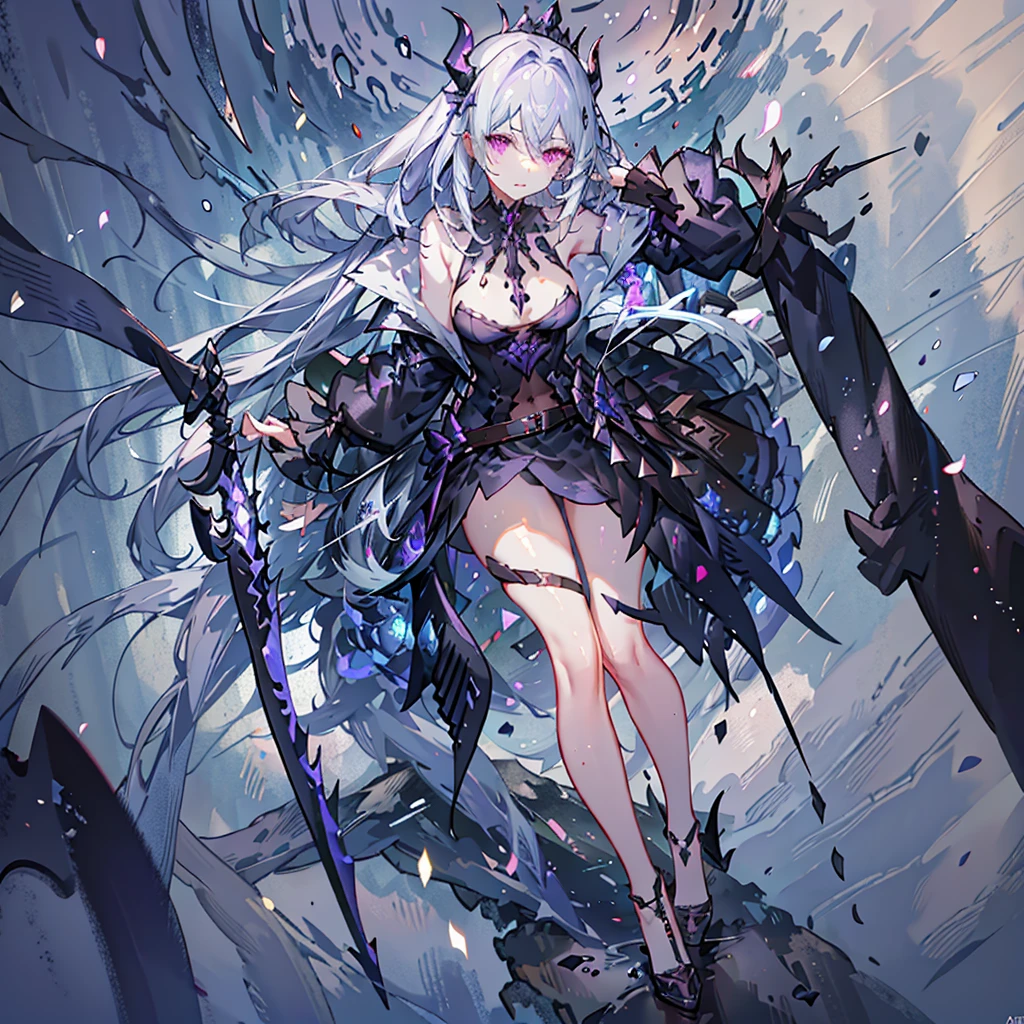 She wears a revealing dress that is sleeveless and reaches down to her waist, with lace fabric on the front of her neck. She has silver hair that reaches down to her shoulders, red and purple eyes, black shoes, and a black choker. She wields two daggers, a shape-shifting white dagger and a black dagger that shrouds darkness, and enjoys torturing and massacring people.々A psychopathic and sadistic beautiful girl who terrorizes everyone.