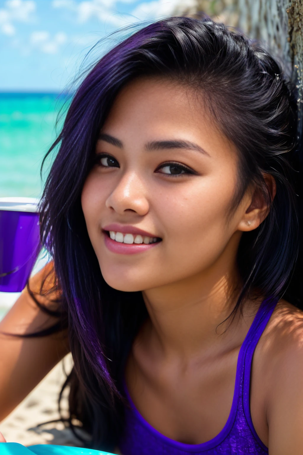 photo of female  (((lying))) on the beach long black hair with (((purple high lights)))  in RAW UHD format (Brown-eyed woman)  Details (textures! , , imperfections: 1.1), DSLR Lighting, SLR camera, Ultra-Quality, sharpness, Film grain, Fujifilm XT3, Crystal clear, sharp-focus, sunshine , neon lighting,  (lit), day time, (blue  sky), detailed skin pores, oilly skin, suntan, ocean in background, sharp, focused. razor-sharp, composition, light and shadow, smiling, half thai half scandinavian, (((purple high lights))), ((mug of coffee))