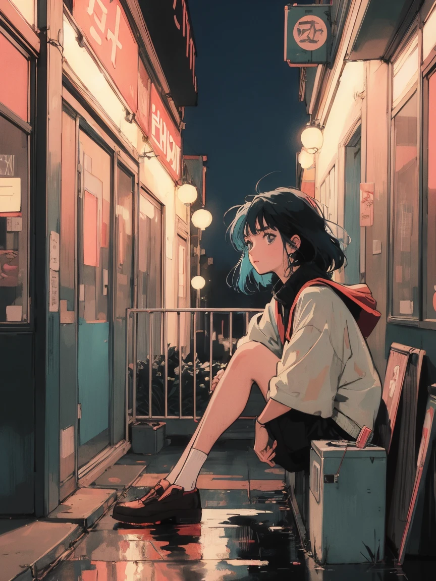 anime girl sitting on floor looking out window at city, anime aesthetic, anime vibes, Lofi Artstyle, Lo-fi portrait. anime, Lofty Girl, anime art wallpaper 4 k, anime art wallpaper 4k, anime art wallpaper 8 k, anime background art, Lofi Color, Lofi Art, anime asthetic, Bob Hair, In the city at night, Tokyo, Wet day, Urban city
