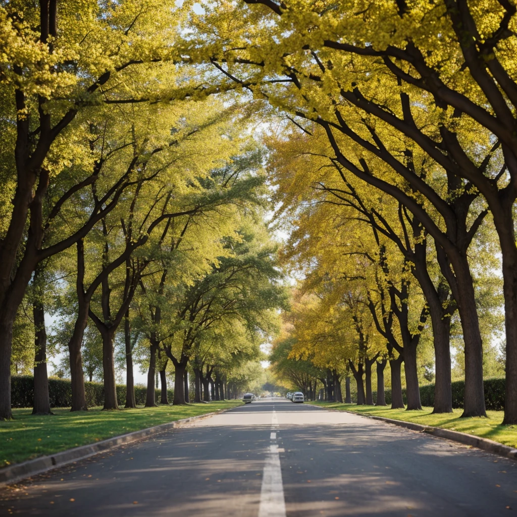photographer capturing images of an avenue with trees in their flowering state applying frontal diagonal perspective