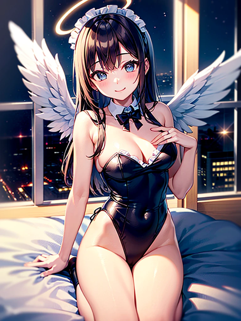 Highest Resolution,8K quality,Smiling beautiful girl in maid leotard,High leg,Frills,White angel wings on your back,Halo,Bedroom,Night view outside the window,Very beautiful eyes,whole body,front,(((ニーハイストッキング))),