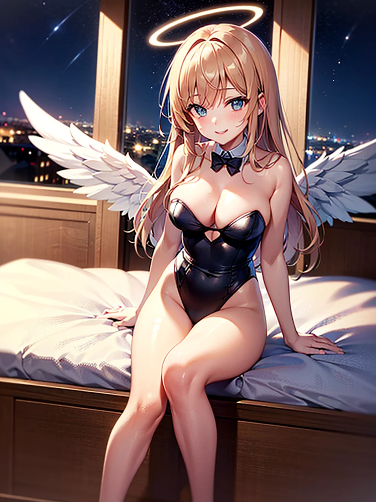 Highest Resolution,8K quality,Smiling beautiful girl in maid leotard,High leg,Frills,White angel wings on your back,Halo,Bedroom,Night view outside the window,Very beautiful eyes,whole body,front,(((ニーハイストッキング))),
