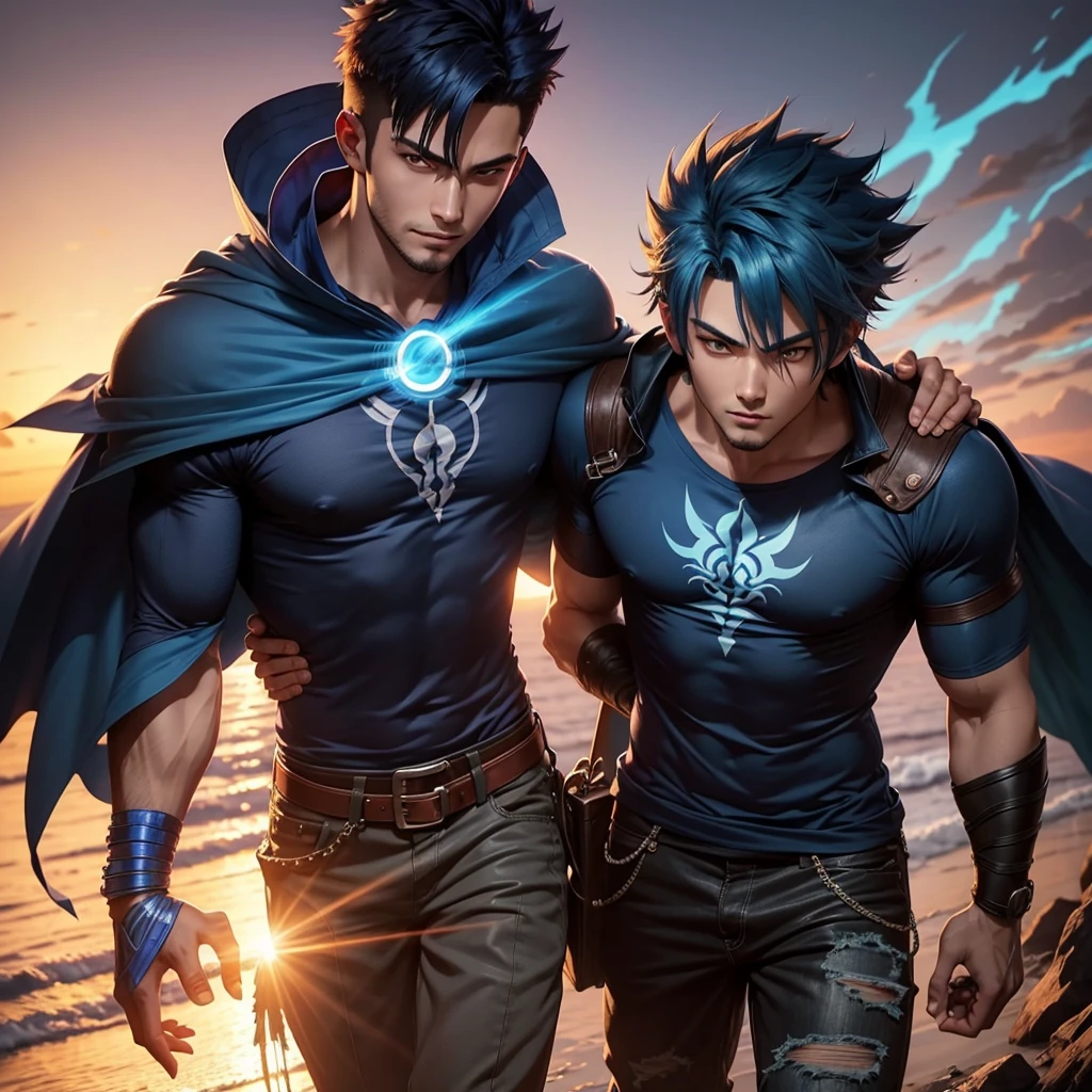 a monster next to a guy with blue wings that looks like he is a Japanese anime style, Gaming texture, manga cover style, Dota2 hero VConUPLE, A close up of A man Person Walking Facing Right, high angle perspective, a Mouth Smile, Boys Face style, Black with Blue Japanese Hairstyles For Men, Yellow_Eyes, skill Efforts, light, Blue flames cool, High, a anime Highest style, Blue Hair, powerful, T-shirts, Color cape Blue, a in cool Realistis, a scenery sunset background Buram Perbesaran, digital anime style, sunset, UHD, Lens flare, digital Style, manga cover style, 3d cg rendering, HD Best quality