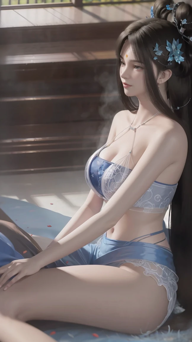 一个女孩Lying in bed，Face Up，Raise your legs slightly，Front view super detailed beautiful busty girl . Ultra HD, 4K, 8K, ，whole body，Lying down，Long legs，Very large breasts，（Completely naked），whole body捕捉，（（（Lying in bed））），（（（whole bodyLying in bed））），Blue Bed，Off-shoulder，side by side，Lying in bed，Sleep on a pillow，Lying down，Headrest，Blue long skirt,Transparent clothes