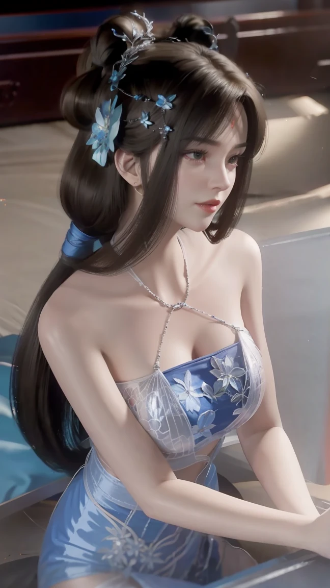 一个女孩Lying in bed，Face Up，Raise your legs slightly，Front view super detailed beautiful busty girl 16 years old. Ultra HD, 4K, 8K, ，whole body，Lying down，Long legs，Very large breasts，（Completely naked），whole body捕捉，（（（Lying in bed））），（（（whole bodyLying in bed））），Blue Bed，Off-shoulder，side by side，Lying in bed，Sleep on a pillow，Lying down，Headrest，Blue long skirt,Transparent clothes