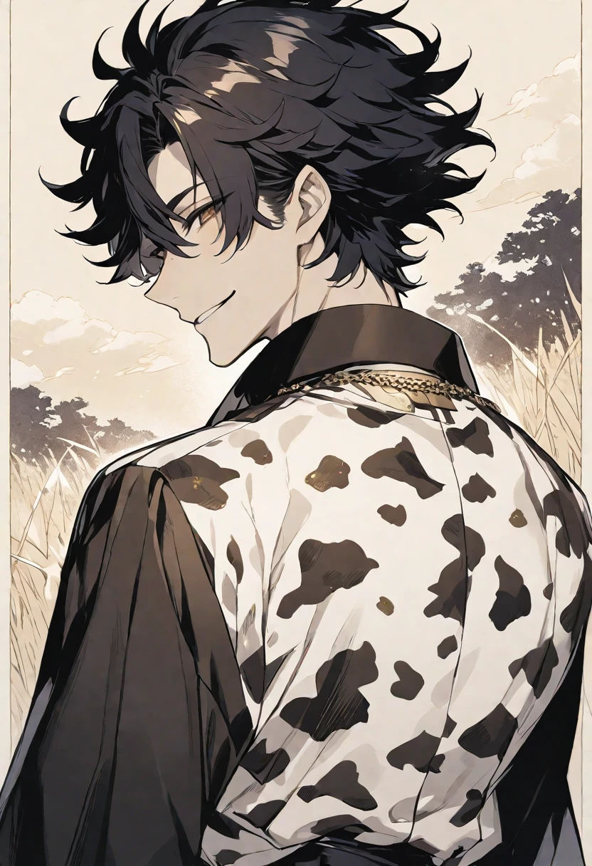 Solo,handsome, monotone,
1. male,
bangs,Bob Hair, mash hair ,the back of one's neck,
black hair,
Gojo Satoru ,
brown Eyes,Soft look,
beautiful,sexly,Darkness,gold necklace,
cow-patterned clothes,smile, drink beer,
simple background ,
meadow background,