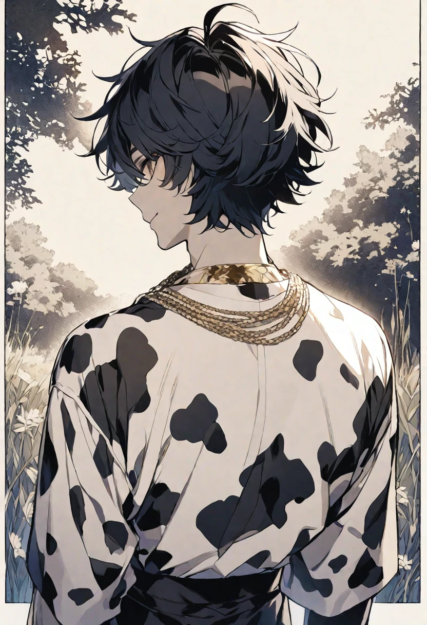 Solo,handsome, monotone,
1. male,
bangs,Bob Hair, mash hair ,the back of one's neck,
black hair, 
Gojo Satoru ,
brown Eyes,Soft look,
beautiful,sexly,Darkness,gold necklace,
cow-patterned clothes,smile, drink beer,
simple background ,
meadow background,