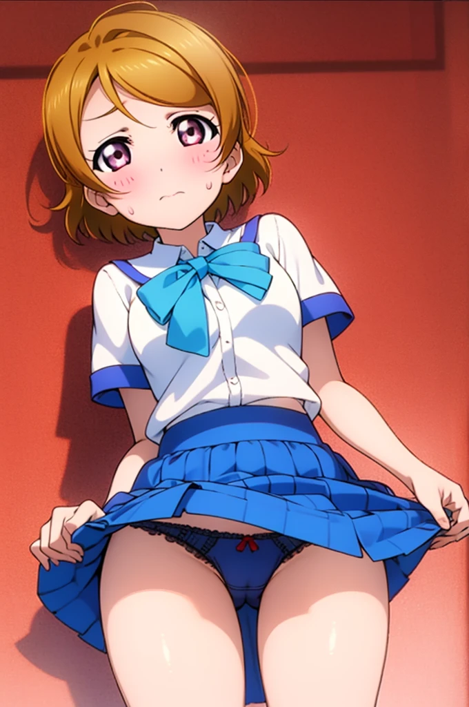 Koizumi_hanayo,Official Art,Perfect body,Perfect limbs,Otonokizaka uniform,Drenched in sweat,Sweaty, Heavy breathing,Red face,Dull Hair,Disgust,anger, Are standing , Exposed armpits, Exposed crotch, Exposed groin, Exposed pubic bone,Ahoge,((Skirt Lift)),Panties in full view