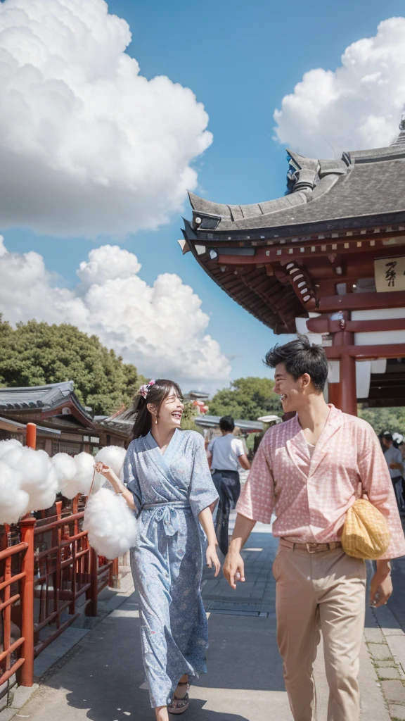 Create a high-resolution, photorealistic image of a young couple, a boy and a girl, enjoying a summer festival. They are laughing and holding cotton candy, and both are wearing traditional Japanese yukata. The weather is sunny with a bright blue sky and towering cumulus clouds in the background. The scene is set at a Shinto shrine with numerous festival stalls lined up. The pathway is crowded with people walking and enjoying the festival. The atmosphere should be lively and festive. The image should be in the highest quality and make the people look like real humans. Ensure there are only two people in the foreground, the young couple.