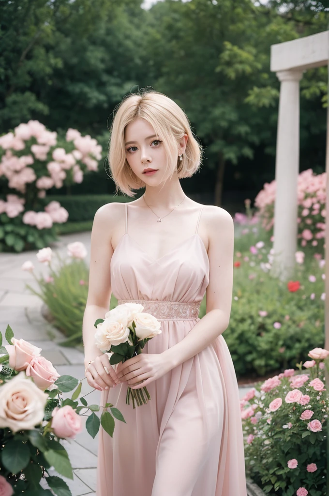 8k, CRU photo, Fujifilm, style photo of a beautiful young woman like Avril in a light pink rose garden (highly detailed skin: 1.2) Style-Petal BREAK short hair, blonde hair with colored highlights, wearing a dress, film grain, 35mm, cute style