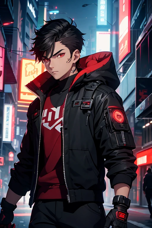 a -yeld bodark hair, red eyes, a male individual, animated style, cyberpunk, illuminated street, High quality image, 4k, Movie, detailed face, detailed images