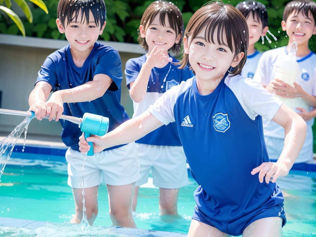 hot summer、、Summer swimming pool、Pouring water on each other、Get wet all over、Japan Boy、Glowing water splashes、Pool lessons、Boy playing in water、The happy boys、Strong sunlight、Short sleeve gym uniform、Blue shorts、barefoot，Boys only 、１０age、high resolution、masterpiece