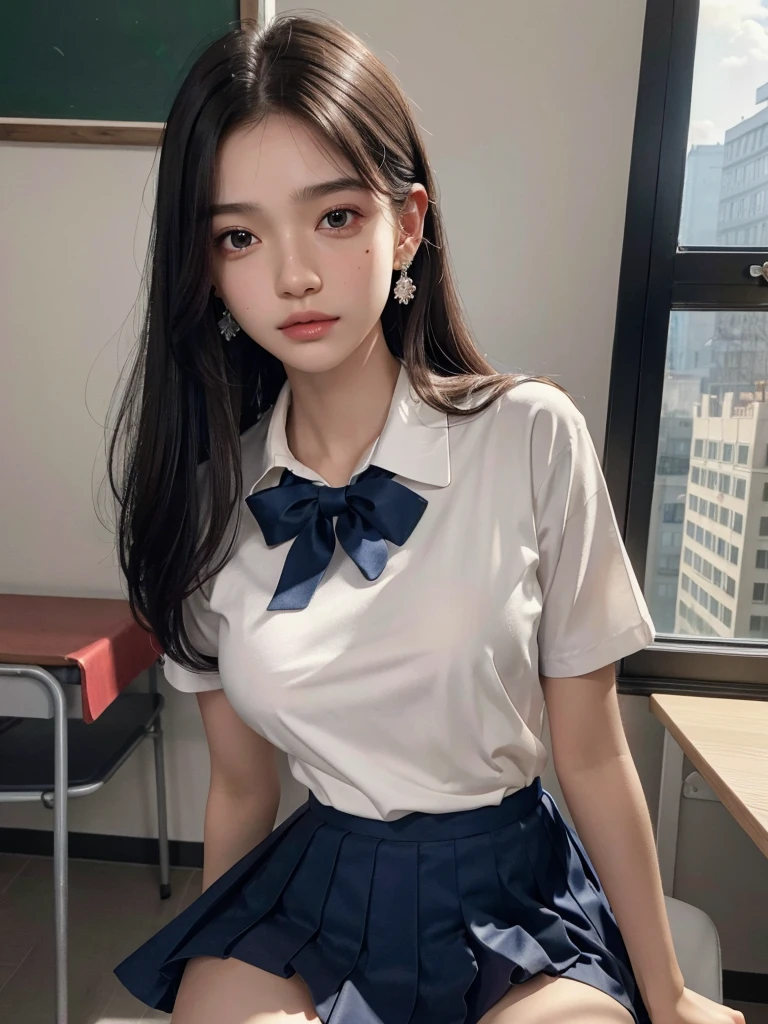 absurdres, RAW photo, extremely delicate and beautiful, masterpiece, Best Quality, ultra high resolution, 32k, hyperrealistic, ultra-detailed, perfect anatomy, super Detailed skin, perfect figure, Super Beauty, Perfect Style, Perfect balance, 20 years old, very small head, very small face, delicate facial features, detailed face, detailed eyes, tearful mole, earring, very huge round breasts, legs, medium hair, whole body shot, indoor, ((school_uniform)),