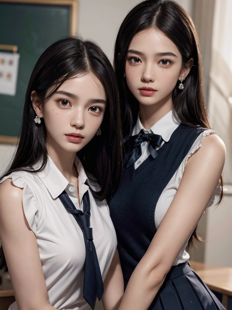 absurdres, RAW photo, extremely delicate and beautiful, masterpiece, Best Quality, ultra high resolution, 32k, hyperrealistic, ultra-detailed, perfect anatomy, super Detailed skin, perfect figure, Super Beauty, Perfect Style, Perfect balance, 20 years old, very small head, very small face, delicate facial features, detailed face, detailed eyes, tearful mole, earring, very huge round breasts, legs, medium hair, whole body shot, indoor, ((school_uniform)),