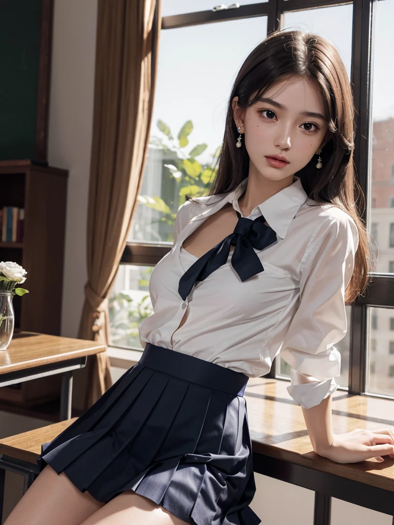 absurdres, RAW photo, extremely delicate and beautiful, masterpiece, Best Quality, ultra high resolution, 32k, hyperrealistic, ultra-detailed, perfect anatomy, super Detailed skin, perfect figure, Super Beauty, Perfect Style, Perfect balance, 20 years old, very small head, very small face, delicate facial features, detailed face, detailed eyes, tearful mole, earring, very huge round breasts, legs, medium hair, whole body shot, indoor, ((school_uniform)),