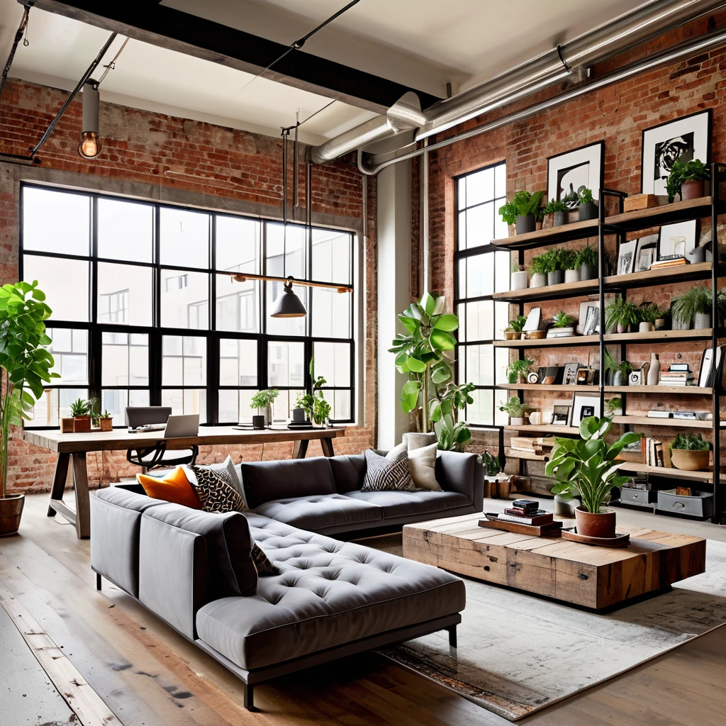 Design an inviting and eclectic industrial loft that combines modern comfort with rustic charm. The open-plan space features expansive windows for natural light, exposed ductwork, and a mix of raw and polished materials. The living area includes a comfortable gray sofa, a minimalist coffee table, and a workspace with a desk and laptop. Decorate the space with an array of indoor plants, both large and small, to add greenery and freshness. The decor should include eclectic elements such as framed art, unique lighting fixtures, and various decorative objects that reflect a personal and artistic touch. Use a combination of concrete and wood for the flooring to balance the industrial and cozy feel.