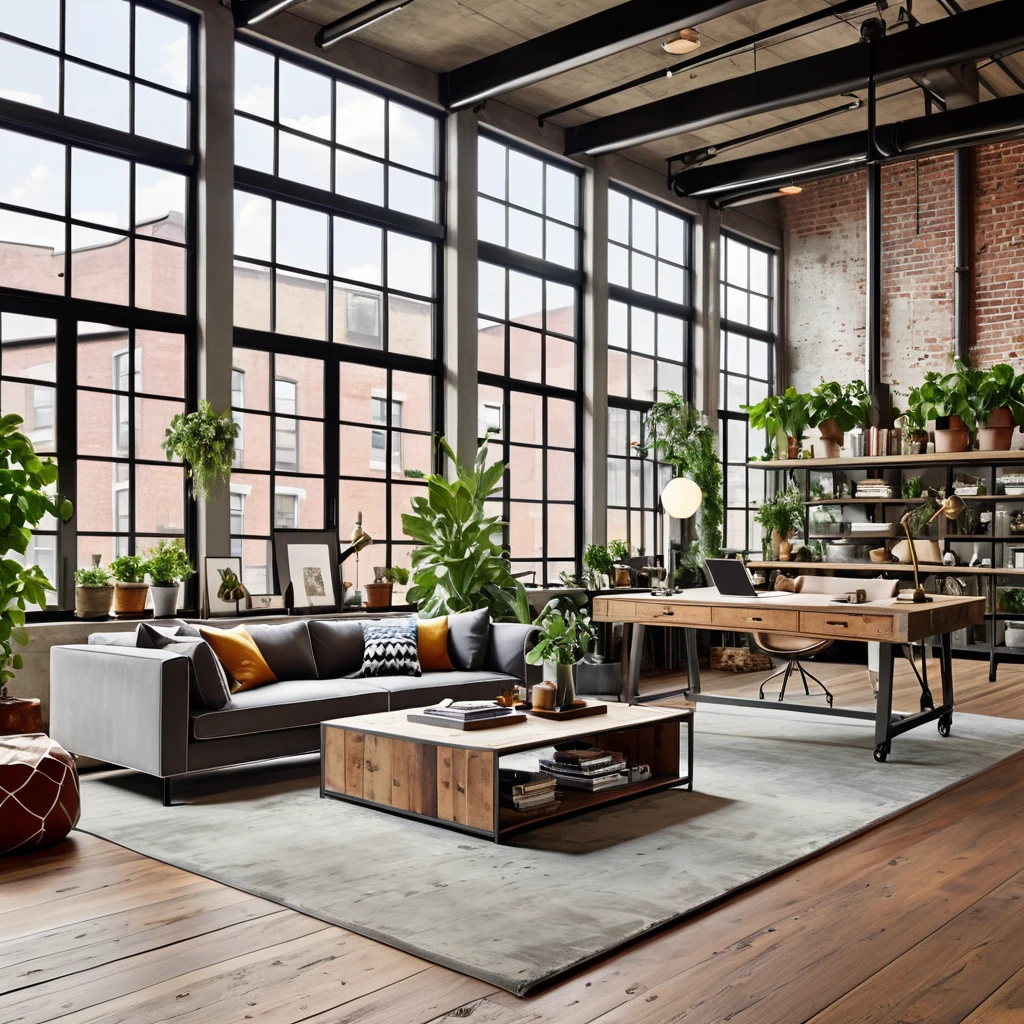 Design an inviting and eclectic industrial loft that combines modern comfort with rustic charm. The open-plan space features expansive windows for natural light, exposed ductwork, and a mix of raw and polished materials. The living area includes a comfortable gray sofa, a minimalist coffee table, and a workspace with a desk and laptop. Decorate the space with an array of indoor plants, both large and small, to add greenery and freshness. The decor should include eclectic elements such as framed art, unique lighting fixtures, and various decorative objects that reflect a personal and artistic touch. Use a combination of concrete and wood for the flooring to balance the industrial and cozy feel.