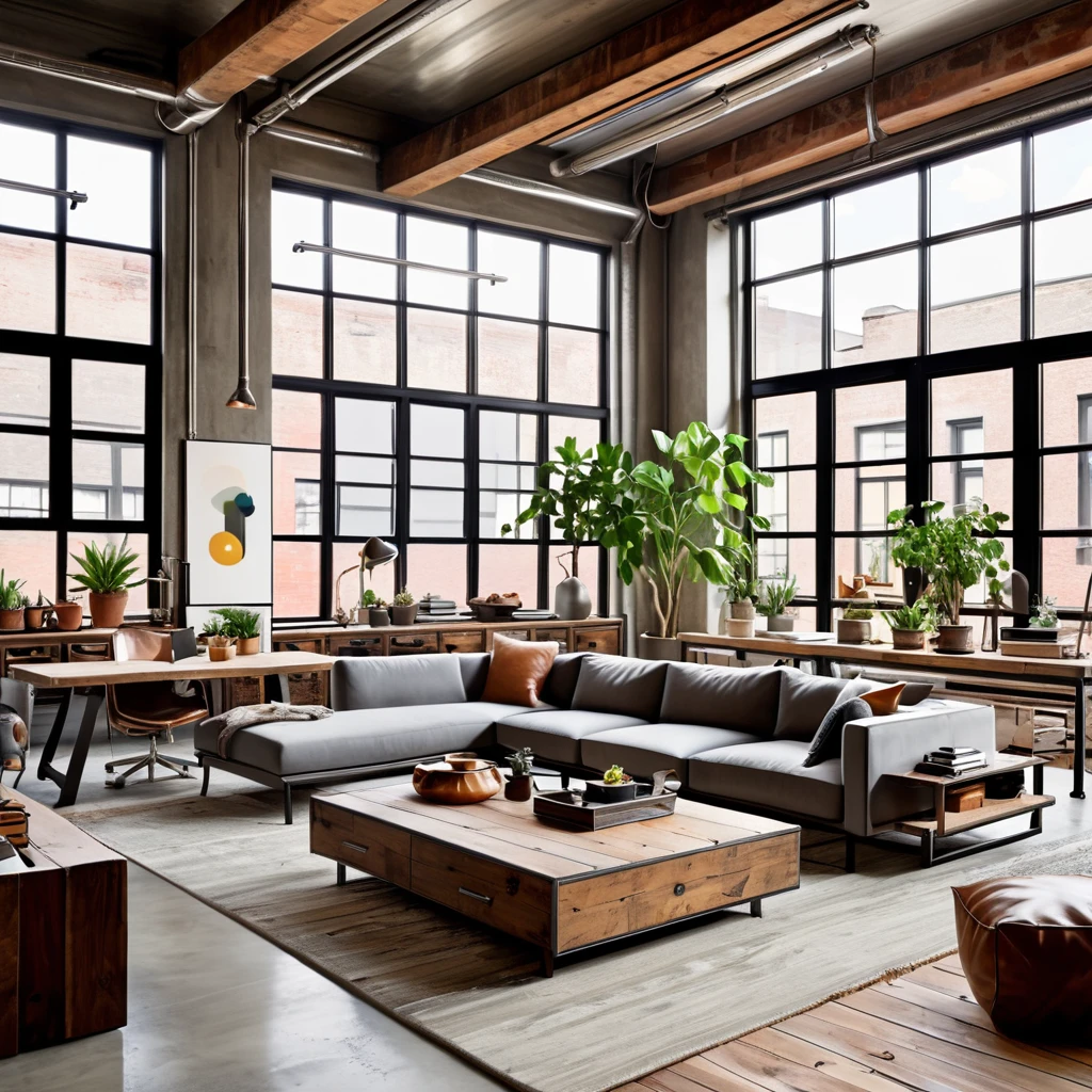 Design an inviting and eclectic industrial loft that combines modern comfort with rustic charm. The open-plan space features expansive windows for natural light, exposed ductwork, and a mix of raw and polished materials. The living area includes a comfortable gray sofa, a minimalist coffee table, and a workspace with a desk and laptop. Decorate the space with an array of indoor plants, both large and small, to add greenery and freshness. The decor should include eclectic elements such as framed art, unique lighting fixtures, and various decorative objects that reflect a personal and artistic touch. Use a combination of concrete and wood for the flooring to balance the industrial and cozy feel.