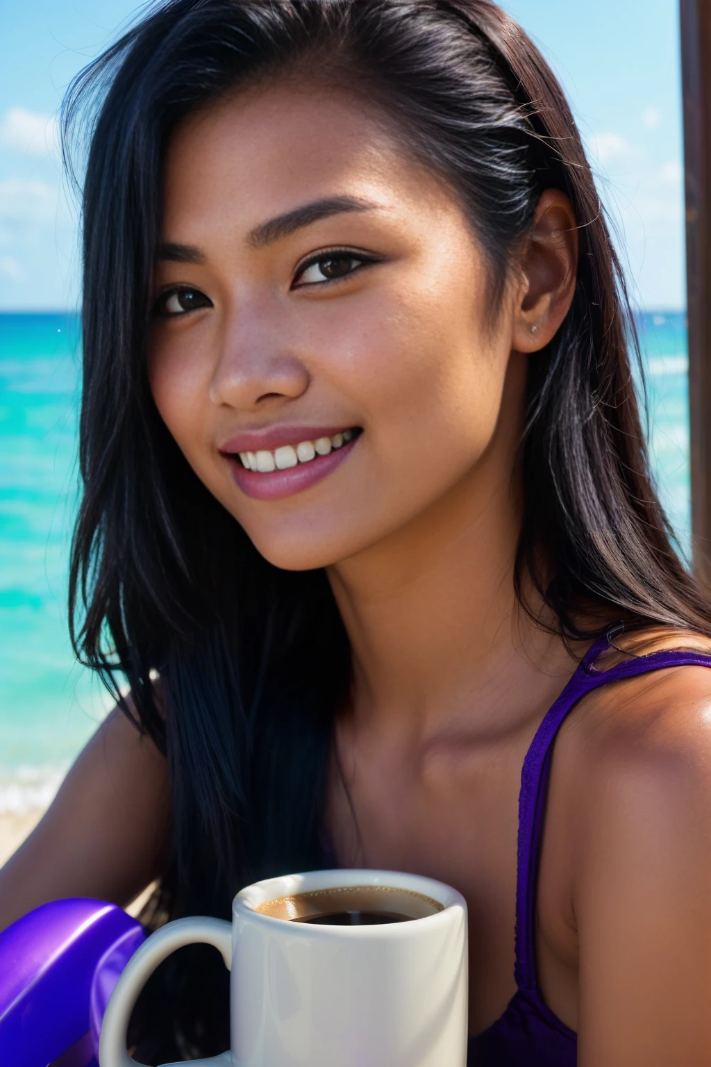 photo of female (((lying))) on the beach long black hair with (((purple high lights))) in RAW UHD format (Brown-eyed woman) Details (textures! , , imperfections: 1.1), DSLR Lighting, SLR camera, Ultra-Quality, sharpness, Film grain, Fujifilm XT3, Crystal clear, sharp-focus, sunshine , neon lighting, (lit), day time, (blue sky), detailed skin pores, oilly skin, suntan, ocean in background, sharp, focused. razor-sharp, composition, light and shadow, smiling, half thai half scandinavian, (((purple high lights))), ((mug of coffee))