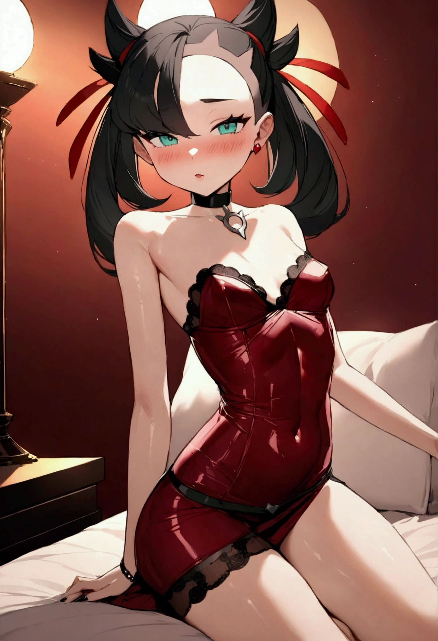 NSFW,masterpiece,Highest quality,High resolution,Super detailed,marnie_\(pokemon\),Aqua Eye, Black Choker, Red ribbon,(High quality sexy dress),Lace dress,jewelry,Small breasts,Embarrassed,blush,Love Hotel at Night,Luxurious Room,Sexy pose,Seduce,(Prostitute),(Prostitute)