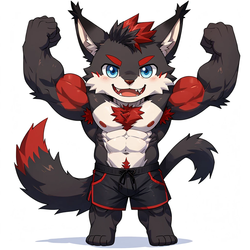 ((Furry lynx cat)), ((chibi)), chibi, chibi, chibi, body fully covered in black fur, ((fully covered in black fur)), ((black fur)), sharp fangs, sharp teeth, summer shorts outfit, cute, blue eyes, red chest hair, red eyebrows, red armpit hair, black nose, black tail, black tail with red tip, red whiskers, happy, smile, correct Anatomy, correct hand, ((white background)), (Acting happy), (hands up), enjoy, ((front view)), full body, sexy, (flexing), (muscle), black tail, black tail red tail tip, red eyebrows, red chest hair, red armpit hair, chibi, chibi, chibi