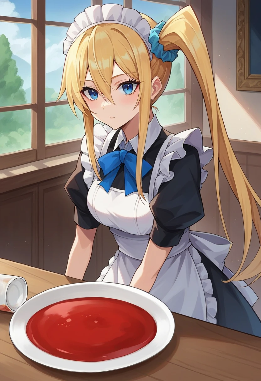 score_9, score_6_superior, sauce_anime, One girl, alone, indoor, Mansion, Highschool, blue eyes, Blonde, Side Ponytail, Blue Scrunchie, Maid&#39;s Headdress, Black vest, White shirt, Long sleeve, White Ascot, Waist apron, Expressionless 、Huge breasts